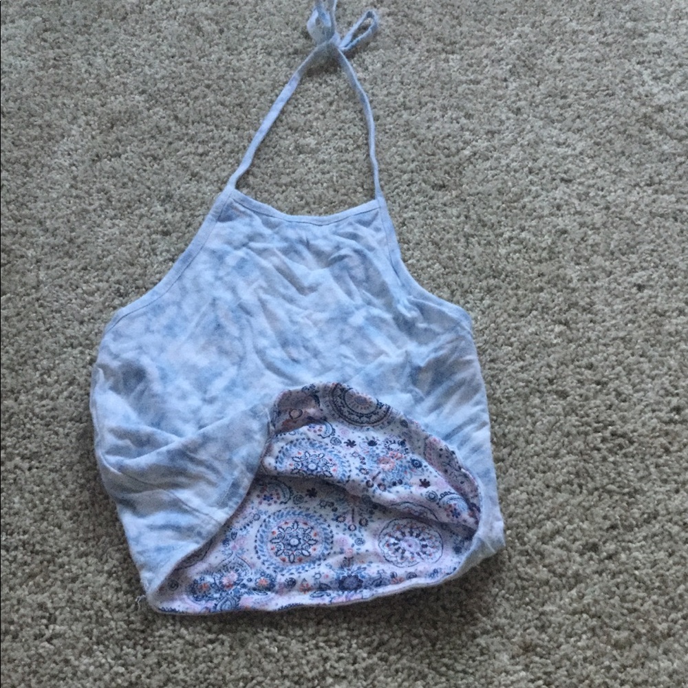 Blue tie dye and patterned Reverse Halter Top